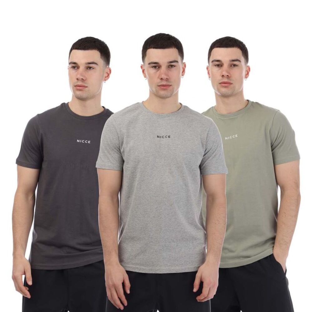 Nicce Mens Petras T-Shirt (Pack of 3) / Charcoal/Light Grey/Olive Green